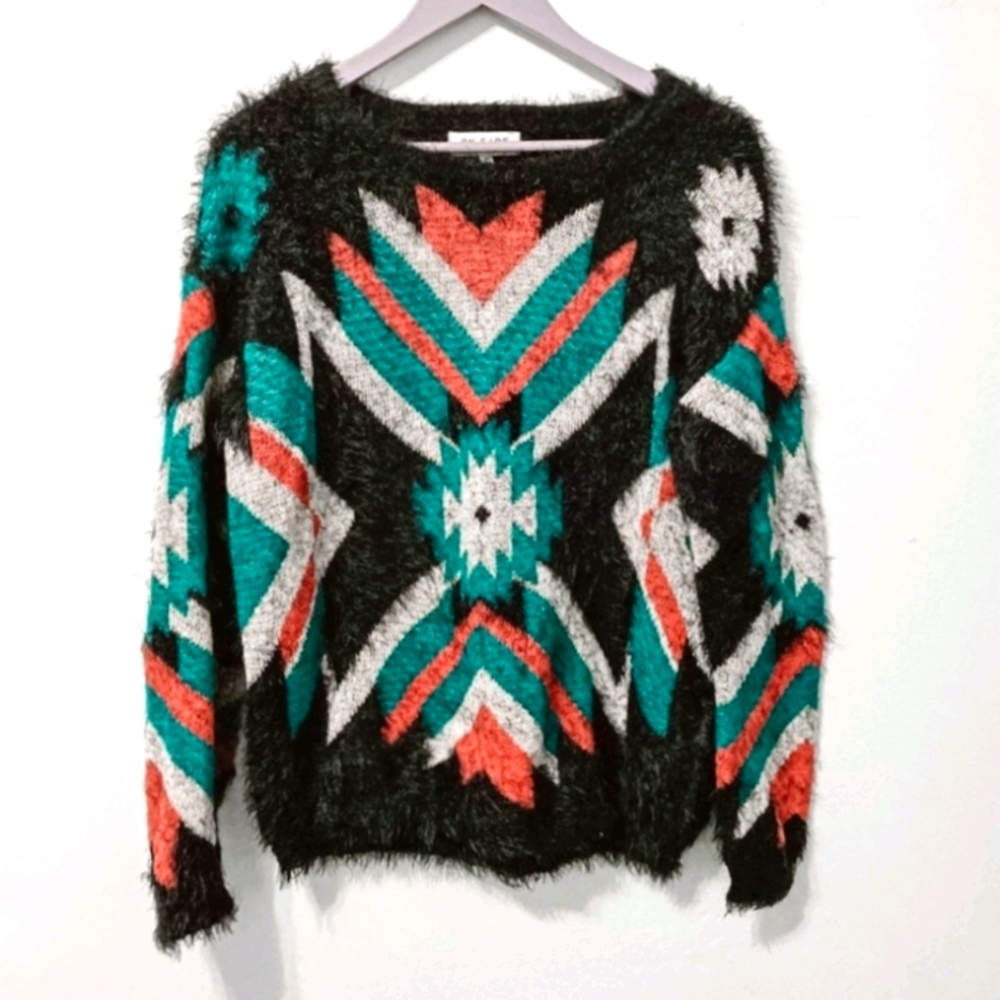On Fire Aztec Print Eyelash Fuzzy Sweater L